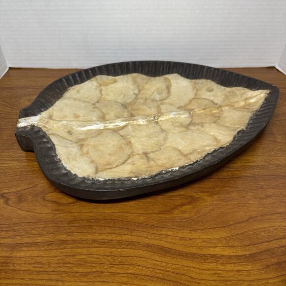 Carved Wood Leaf Shape Bowl Party Serving Decor W/ Shell Accent - Picture 1 of 6